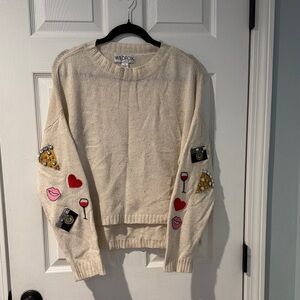 Wildfox Cream Crewneck Sweater with Embroidered Patch Sleeves size S
